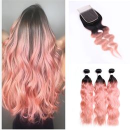 Wet and Wavy Virgin Brazilian Pink Human Hair Bundle Deals 3Pcs Water Wave With Lace Closure Rose Gold Pink Human Hair Weaves Extensions