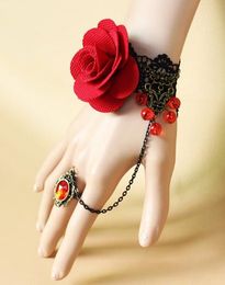 Hot style Goth vintage hand ornaments red rose vampire crystal beads hanging lady bracelet fashion classic elegant