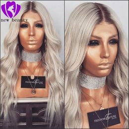 Deep middle part 30inches long wave Ombre Gray Lace Front Wig With Baby Hair Glueless Heat Resistant Synthetic Wigs For Women