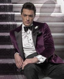 Best Desigen Purple Velvet Groom Tuxedos Peaked Lapel Trim Fit Groomsmen Wedding Tuxedos Men Party Suits((Jacket+Pants+Tie+Girdle) NO;427