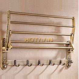 Aluminium Foldable Antique Brass Bath Towel Rack Active Bathroom Towel Holder Double Towel Shelf With Hooks Bathroom Accessories