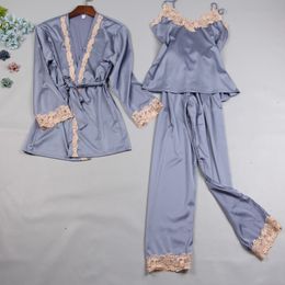 Autumn Women Pyjamas Sets Sleep Lounge Satin Sleepwear Lace Silk 3 Pieces Camisole+robe+pants Pyjama Femme Home Suit