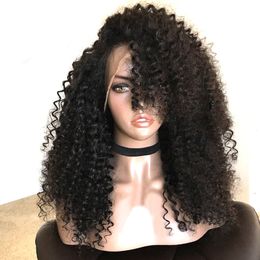 styled wigs UK - Free part natural black Color Afo Kinky Curly Wig africa america style short Synthetic Lace Front Wig with bangs Natural Hairline