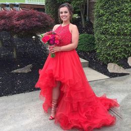 Red Luxury Prom Dresses High Low Tiered Ruffle Evening Dresses With Lace Applique Beaded Sweep Train Custom Made Vestidos De Noiva
