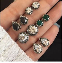 Vintage Bohemia Stud Big Fashion Crystal Earring Shinny Black White Green Rhinestone 5 Pairs For One Set