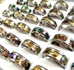 Wholesale 50pcs Unique Vintage Men Women Real Shell Stainless Steel Rings 8mm Band Colourful Beautiful Wedding Rings Seaside Party Jewellery