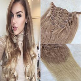 Remy Human Hair Clip in Weft Hair Extensions #18 Ash Blonde to #613 Blonde Ombre Clip on Extensions 7Pcs 120g