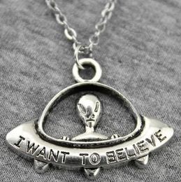 20pcs/lot Fashion Necklace Antique Silver bronze Vintage I Want To Be Believe Alien UFO Charms Pendants Chain Necklace 42+5cm