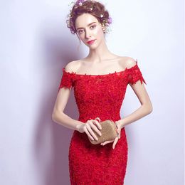 Luxurious red lace one-shouldered sexy slim fish tail banquet dress New Year's party dress bridal wedding toasts dress