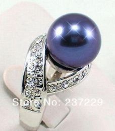 FREE SHIPPING>>>Black Blue South Sea Shell Pearl Silver Crystal Ring