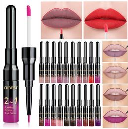 2 in 1 Double Head Lip Makeup Lipgloss Waterproof Long Lasting Tint Sexy Red Lip Stick Beauty Matte Liner Pen Lip Gloss