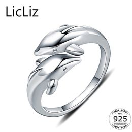 LicLiz Real 925 Sterling Silver Animal Rings For Women Finger Band Dolphin Ring Plain Open Adjustable Rings Anillos Mujer LR0409 S18101002