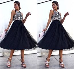 Fashion Black Tulle Sequin Prom Dresses Jewel Neck Empire Tea Length Midi Party Dresses Formal Evening Gowns