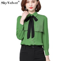 Long Sleeve Bow Chiffon Shirt Office Wear Women Summer Tops Pleated Blouses Solid White Green Beige