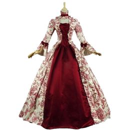 18th Century Retro Gothic Victorian Party Dresses Red Floral Square Collar Long Sleeve Steampunk Period Ball Gowns For Women