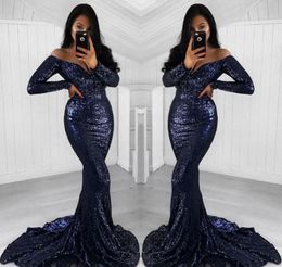 2019 Sexy Navy Blue Sequined Prom Dress Long Sleeves Formal Pageant Holidays Wear Graduation Evening Party Gown Custom Made Plus Size