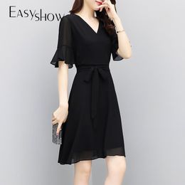 Summer new black chiffon dress fashion women's clothing long show thin temperament v-neck Hepburn little black dress