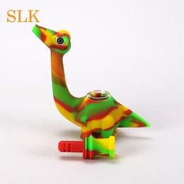 Portable Organic Silicone Smoking Pipes Glass dinosaur style cigarette oil burner pipe with silicone tube water bong for herb