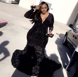 Plus Size African Black Girls Mermaid Prom Dresses 2018 Black Lace Long Sleeves Handmade Flowers Evening Party Gowns BA8406
