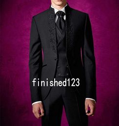 Stylish Design One Button Black Groom Tuxedos Stand Collar Groomsmen Best Man Suits Mens Wedding Suits (Jacket+Pants+Vest+Tie) NO:907