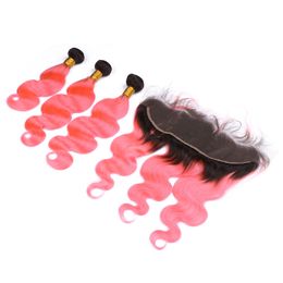Pink Ombre 13x4 Full Lace Frontal Closure with Weaves Body Wave #1B/Pink Dark Root Ombre Virgin Brazilian Human Hair 3Bundles with Frontal