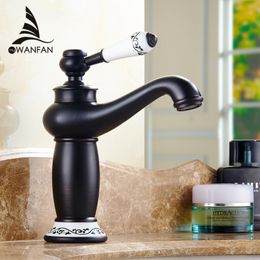 Basin Faucets Black Brass Bathroom Sink Faucet Ceramics Single Handle Hole Deck Mount Washbasin Hot And Cold Mixer Tap SY-045R