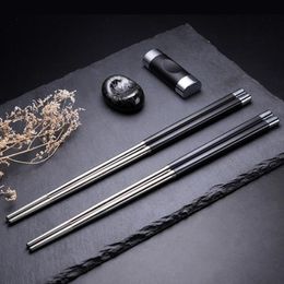 Japanese Style Chopsticks Set Stainless Steel Reusable Travel Exquisite Cutlery Chopsticks Holder Rack Free Shipping ZA6207