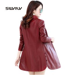 Big Size 4XL Womens Slim Long Leather Jacket Button Decrated EleOutcoat Fashion 2017 High Waist Long Sleeve Female PU Coat
