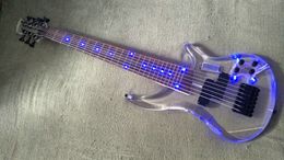 Custom Grand OEM 7 Strings Bass Guitar Limited Edition Clear Acrylic Body Rosewood fingerboard inlay Blue LED lamp free shipping