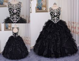 Sexy Black Ruffles Quinceanera Prom Dresses Cheap 2018 Long Real Photo Sheer Neck Shinning Crystal Rhinestones Organza Sweet 16 Party Dress