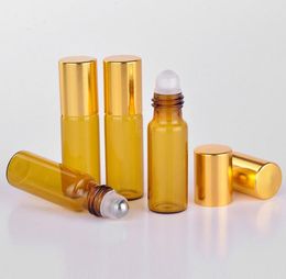 Thick 5ML 1/6oz Roll On Portable Amber Glass Refillable Perfume Bottle Empty Essential Oil Roller Bottles With Stainless Steel Ball SN332