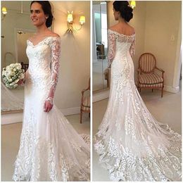 Beautiful V-Neck Lace Mermaid White Wedding Dresses Sheer Train Country Long Sleeve African Plus Size Bridal Gown Arabic Bride Custom