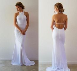 Sexy White Satin Mermaid Evening Dresses Halter Backless Long Prom Dresses Simple Party Dresses Sweep Train