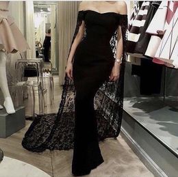 Mermaid New Black Evening Dresses with Cape Off the Shoulder Full Lace Saudi Arabic Formal Red Carpet Dress Sweep Train Prom Gowns