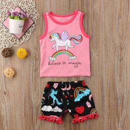 Girls Clothes 2018 New Arrival Summer Kids Baby Girls Rainbow Unicorn Tops T-shirt Vest + Shorts 2PCS Girls Outfits Children Clothing Sets