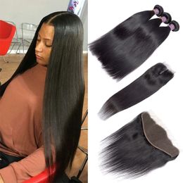 Grade 8a Virgin Indian Straight Human Hair Bundles With Frontal 100% Brazilian Human Hair Weaves Extensions 3 Bundles With 4x4 Lace Closure