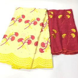 5Yards Most popular yellow african cotton fabric embroidery and 2Yards wine french net lace set for dress HS18-6