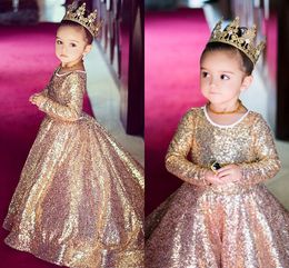 Bling Gold Girls Pageant Dresses Princess With Long Sleeve Jewel Draped Flower Girl Dress For Wedding Party Dress Kids Toddler Formal Dress