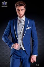 2019 New Style Blue Men Wedding Tuxedos Peak Lapel One Button Groom Tuxedos Fashion Men Dinner/Darty 3 Piece Suit(Jacket+Pants+Tie+Vest) 39