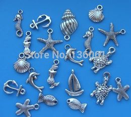 silver turtle charms UK - 100Pcs Mixed Vintage Silver Ocean Animal Seahorse Shell Fish Mermaid Turtle Charms Pendant For Jewelry Making Bracelets Craft