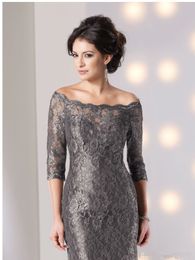 Elegant Lace Mother Of The Bride Dresses Off Shoulder Formal Evening Gowns Silver Grey Half Long Sleeves Wedding Guest Dress249O