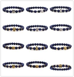 10 Styles 8MM Navy Lapis Stone Beads Vintage Silver Gold Leopard Lion Head Owl Charms Bracelet Yoga Pulseira Men Buddha Jewellery