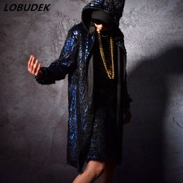 Tide Male Nightclub Costume Blue Long Cloak Coat High-end Outerwear Star Concert Punk Style Hip-Hop Rock Dancer Stage Clothing Trench Coats