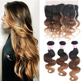 Body Wave Human Hair Weaves Indian Virgin Hair Ombre 3 Bundles With Lace Frontal Cosure Three Tone 1B 4 27 Hair Weft