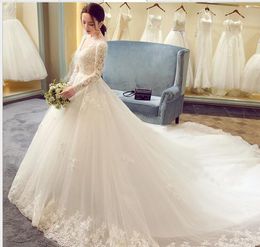 Luxury Lace Appliques 2018 New Winter Sexy V Neck Long Sleeve Wedding Dress Big Tail Prinecess Wedding Gown Vestidos De Novia