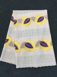 5 Yards/pc Beautiful white african cotton fabric with purple and yellow flower swiss voile lace embroidery for clothes BC11-5