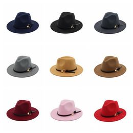 Women Winter Wool Belt Fedora Cap Wide Brim Cowboy Hat Panama Hat Trilby Cap Belt Buckle Band Hats