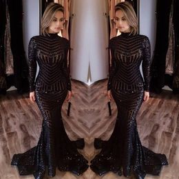 Bling Black Sequined Mermaid Evening Dresses High Neck Long Sleeves Prom Dresses Long Sparkly Sequins Red Carpet Dresses Prom Gowns