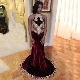New Burgundy Velvet Mermaid Prom Dresses High Neck Lace Appliqued Sleeveless Backless Evening Wear For Black Girls Dresses