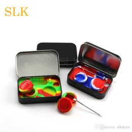 4 in 1 Tin Silicone Storage Kit Set with 2pcs 5ml Silicon Wax Container Silicon Wax Container Silver Dab Dabber Tool Metal Case